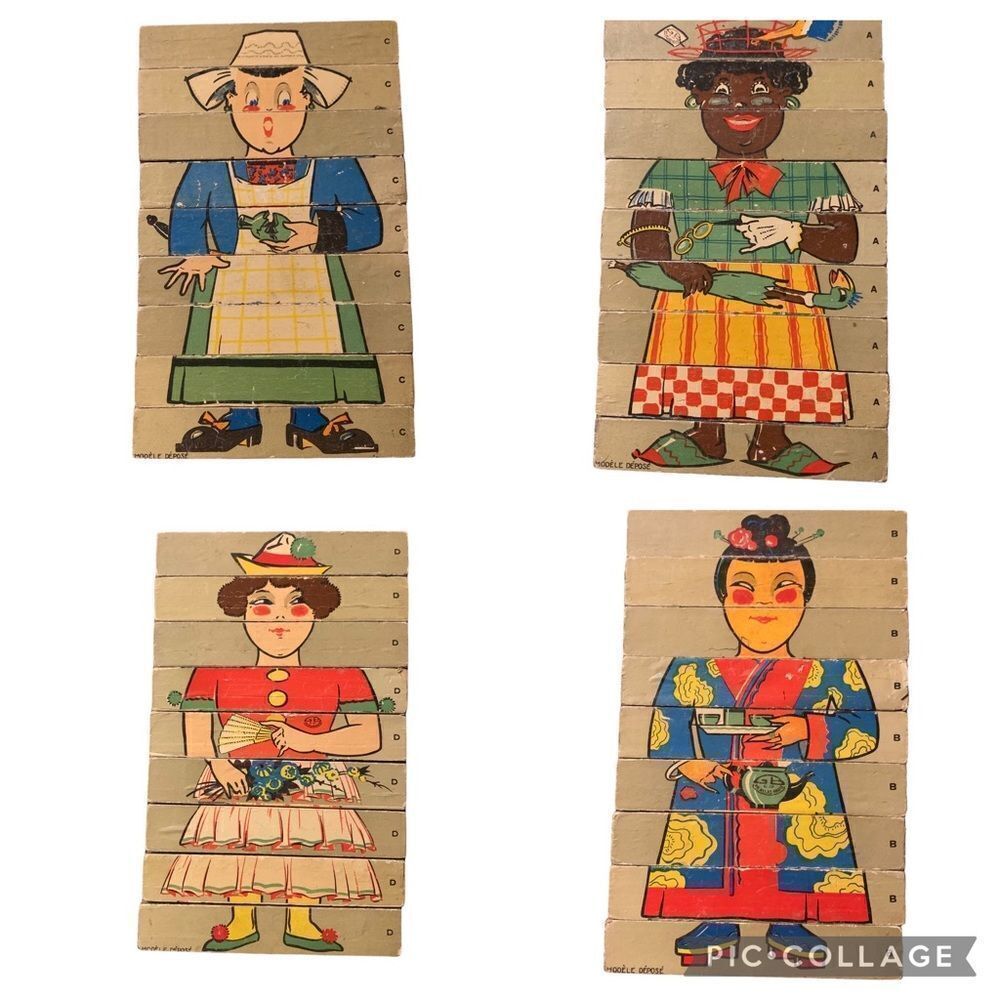 RARE Vintage French Wood 9 Piece 4 Nationalities Picture Puzzle